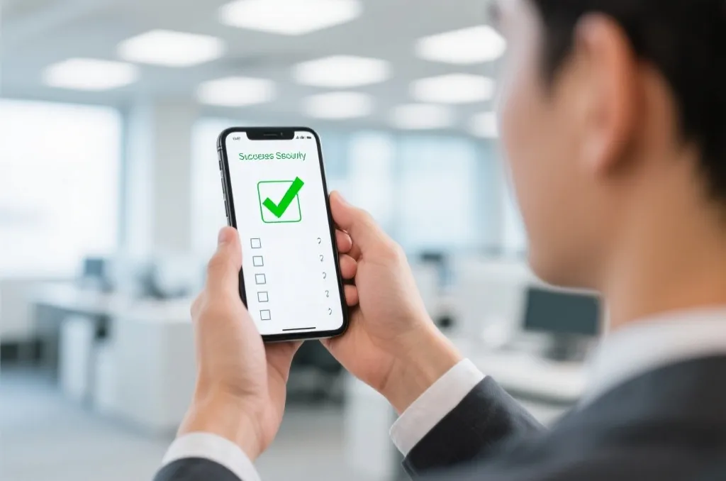 用户手持手机显示安装成功的安全勾选标志